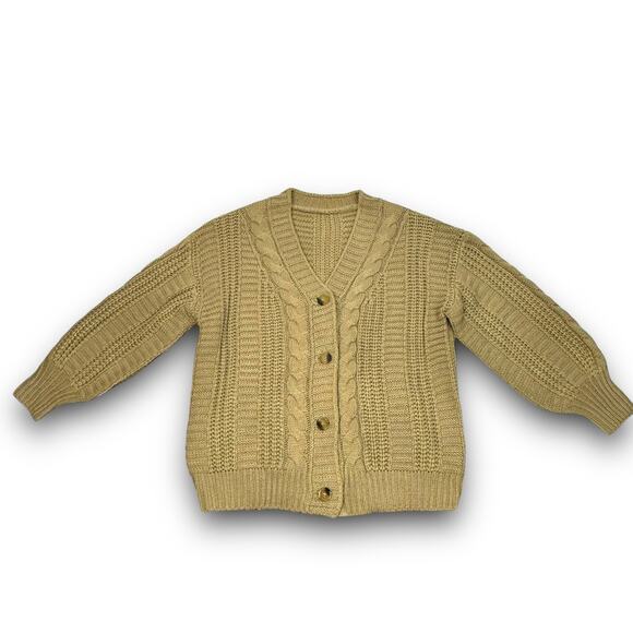 Cable Knit Tan Beige Vneck Cardigan Sweater Button Front Balloon Sleeves Medium - Picture 6 of 8
